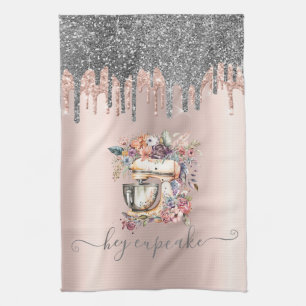 Chic Silver Glitter Drips Floral Mixer Rose Gold  Tea Towel