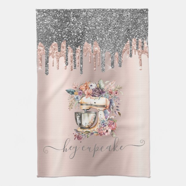 Chic Silver Glitter Drips Floral Mixer Rose Gold  Tea Towel (Vertical)