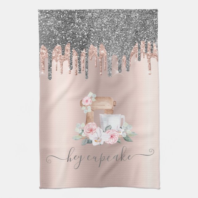 Chic Silver Glitter Drips Mixer Flowers Rose Gold  Tea Towel (Vertical)