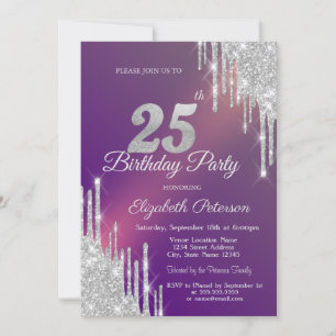 Chic Silver Glitter Drips Purple 25th Birthday   Invitation