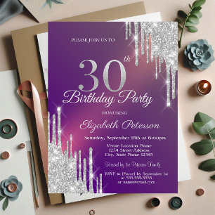 Chic Silver Glitter Drips Purple 30th Birthday Invitation