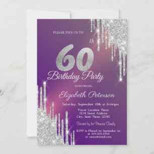 Chic Silver Glitter Drips Purple 60th Birthday   Invitation