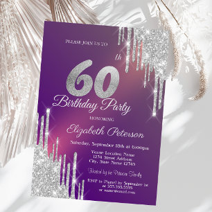 Chic Silver Glitter Drips Purple 60th Birthday Invitation