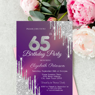 Chic Silver Glitter Drips Purple 65th Birthday   Invitation