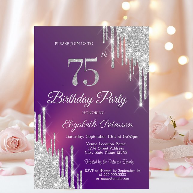 Chic Silver Glitter Drips Purple 75th Birthday   Invitation (Creator Uploaded)