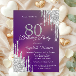 Chic Silver Glitter Drips Purple 80th Birthday   Invitation