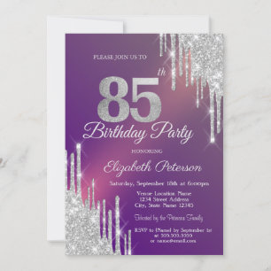Chic Silver Glitter Drips Purple 85th Birthday   Invitation