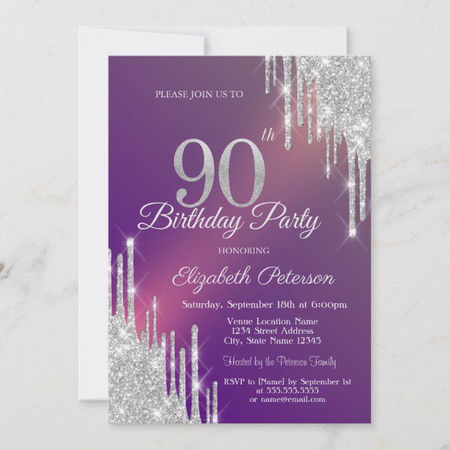 Chic Silver Glitter Drips Purple 90th Birthday   Invitation (Front)