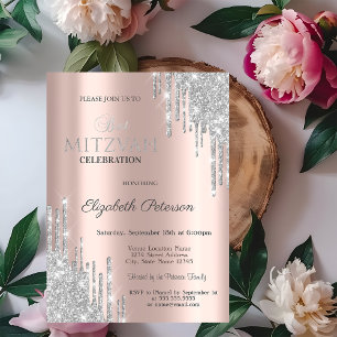 Chic Silver Glitter Drips Rose Gold Bat Mitzvah Invitation