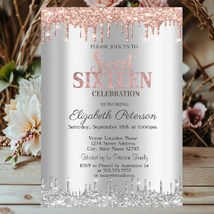 Chic Silver Glitter Drips Rose Gold Sweet 16 Invitation