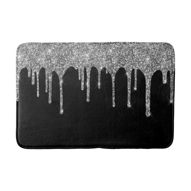 Chic Silver Glitter Drips Sparkle Black Bath Mat (Front)