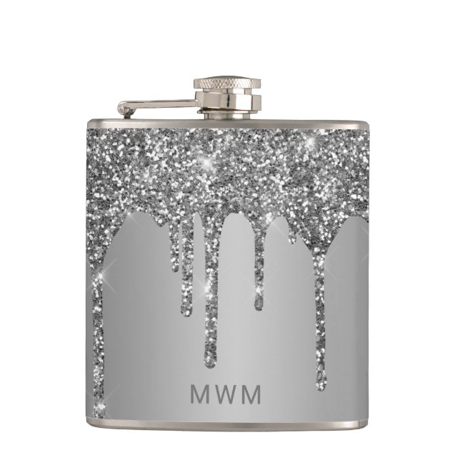 Chic Silver Glitter Drips Sparkle Monogram 6 oz Hip Flask (Front)