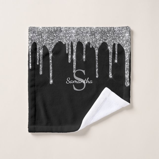 Chic Silver Glitter Drips Sparkle Monogram Name Bath Towel Set (Wash Cloth)
