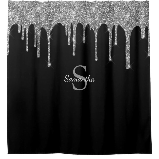 Chic Silver Glitter Drips Sparkle Monogram Name Shower Curtain (Front)