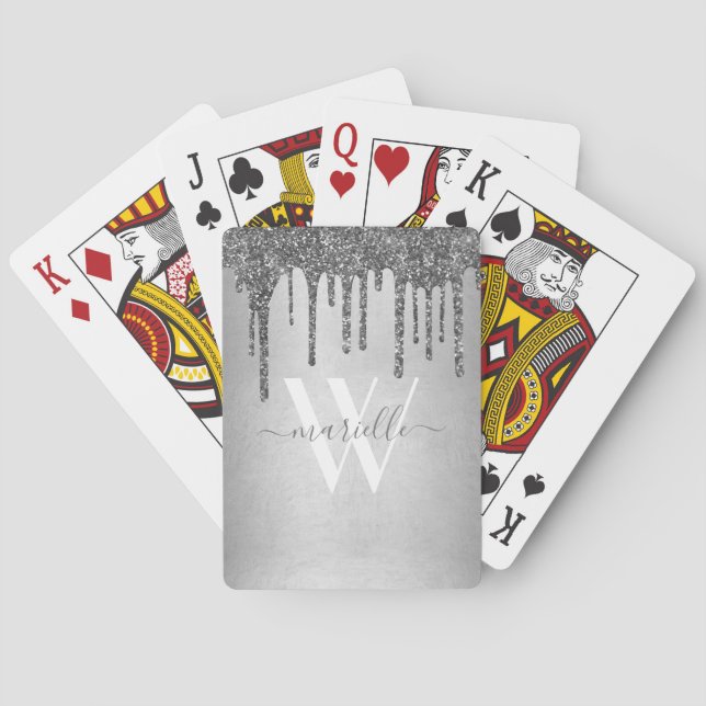Chic Silver Glitter Drips Sparkles Monogram Name Playing Cards (Back)
