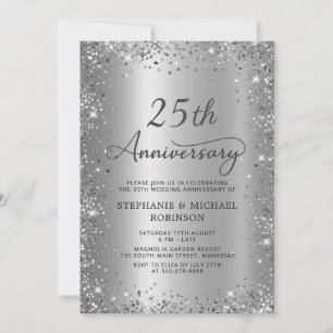 Chic Silver Glitter Metal 25th Wedding Anniversary Invitation