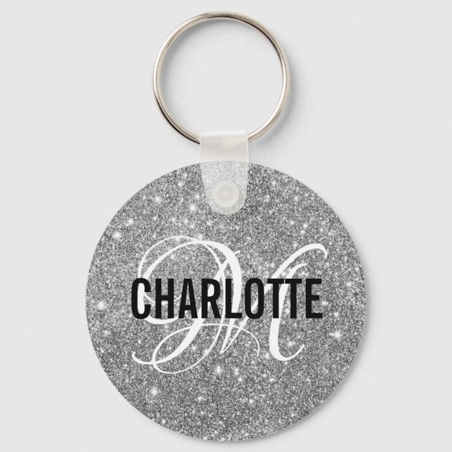 Chic silver glitter monogram name keychain (Front)
