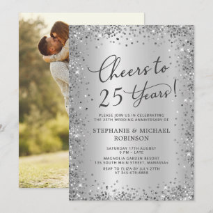 Chic Silver Glitter Photo 25th Wedding Anniversary Invitation