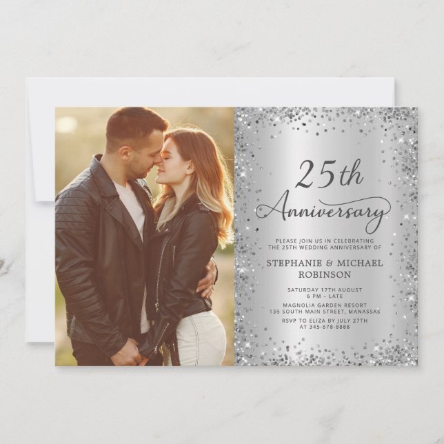 Chic Silver Glitter Photo 25th Wedding Anniversary Invitation (Front)