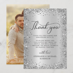 Chic Silver Glitter Photo 25th Wedding Anniversary Thank You Card