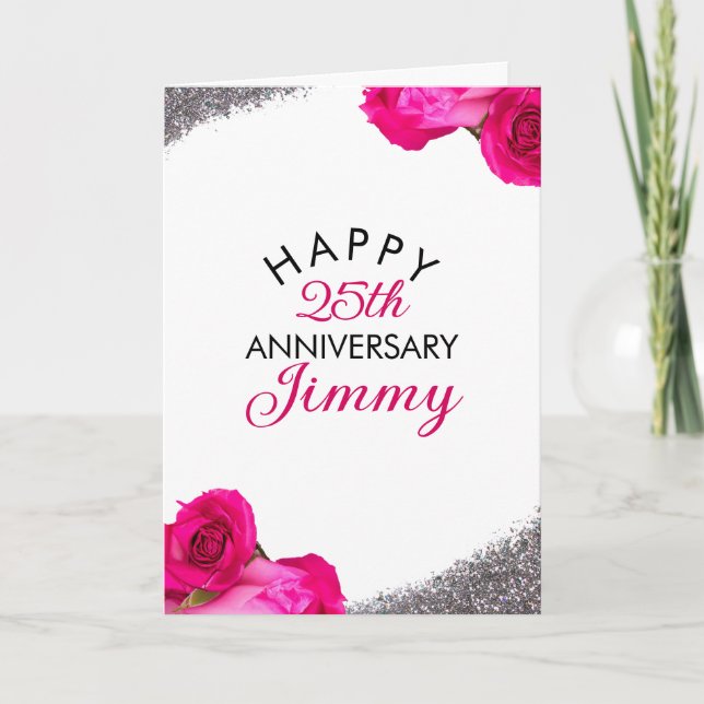 Chic Silver Glitter Pink Rose Husband Anniversary Card (Front)
