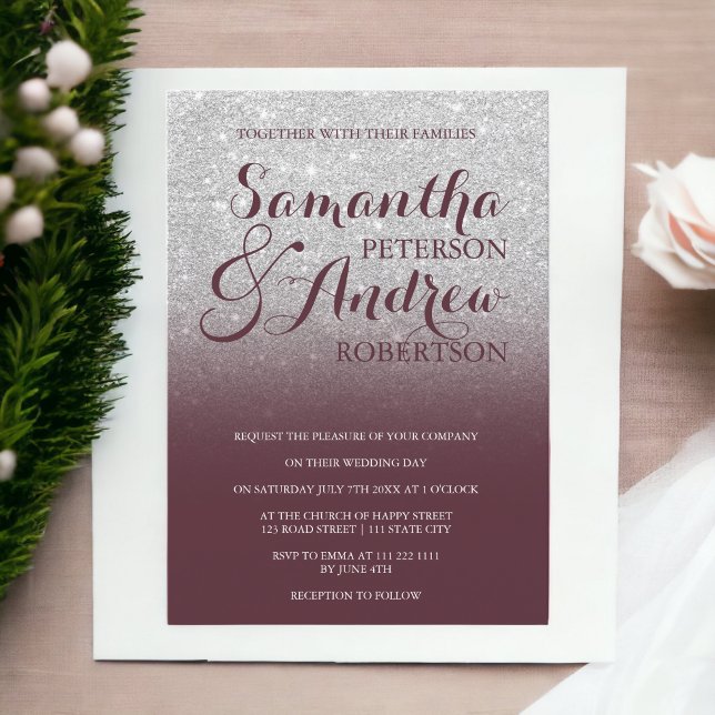 Chic silver glitter red burgundy wedding invitation (Chic silver glitter red burgundy wedding invitation)