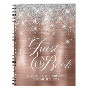 Chic Silver Glitter Rose Gold 21st Bday Guestbook Notebook