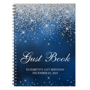 Chic Silver Glitter Royal Blue 21st Bday Guestbook Notebook
