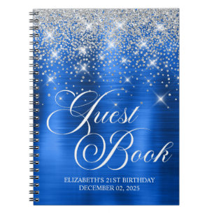 Chic Silver Glitter Royal Blue 21st Bday Guestbook Notebook