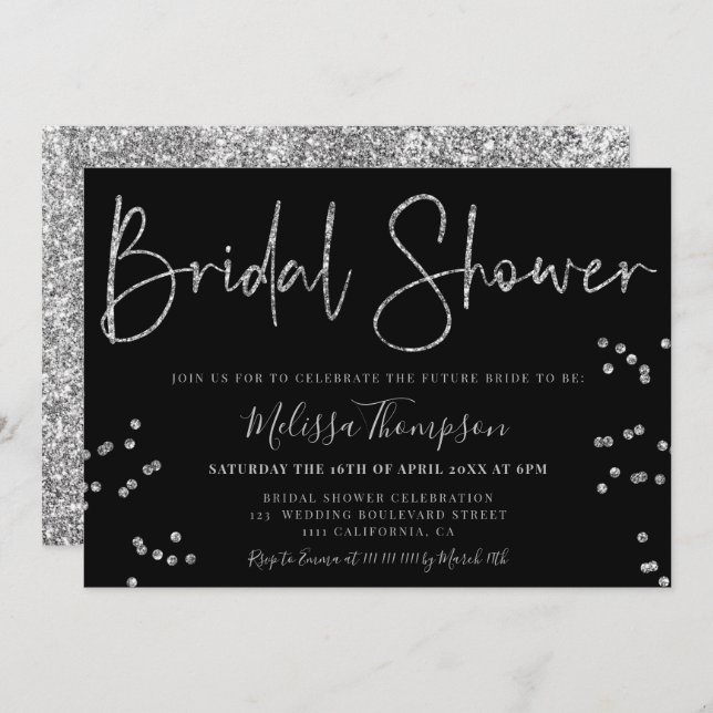 Chic silver glitter script black bridal shower invitation (Front/Back)
