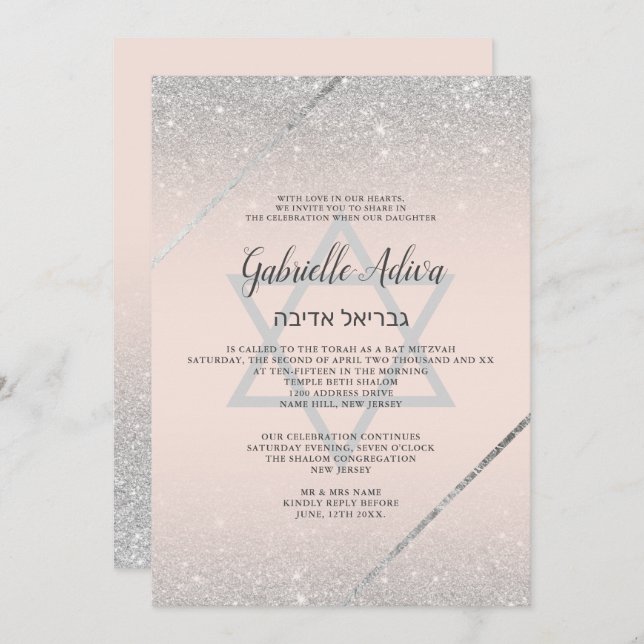 Chic silver glitter script blush pink Bat Mitzvah Invitation (Front/Back)
