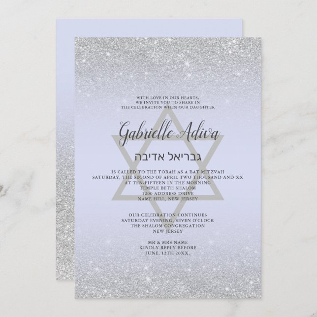 Chic silver glitter script lavender Bat Mitzvah Invitation (Front/Back)