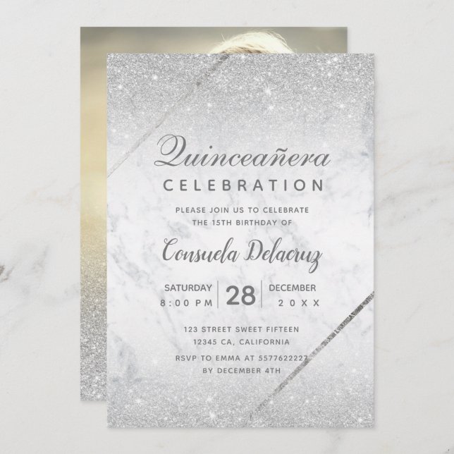 Chic silver glitter script marble Quinceanera Invitation (Front/Back)