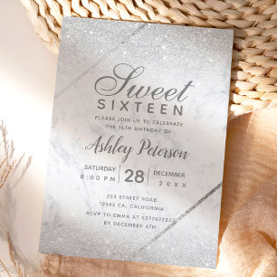 Chic silver glitter script marble Sweet 16 Invitation
