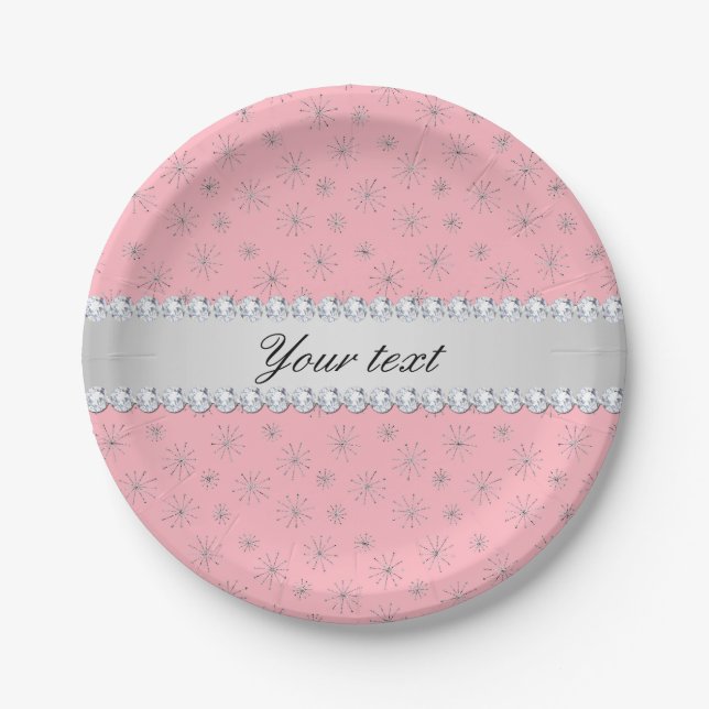 Chic Silver Glitter Snowflakes Pink Paper Plate (Front)