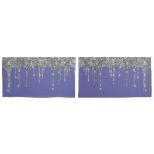 Chic Silver Glitter Sparkle Drips Periwinkle Pillowcase