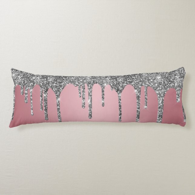 Chic Silver Glitter Sparkle Drips Rose Gold Pink Body Cushion (Front)