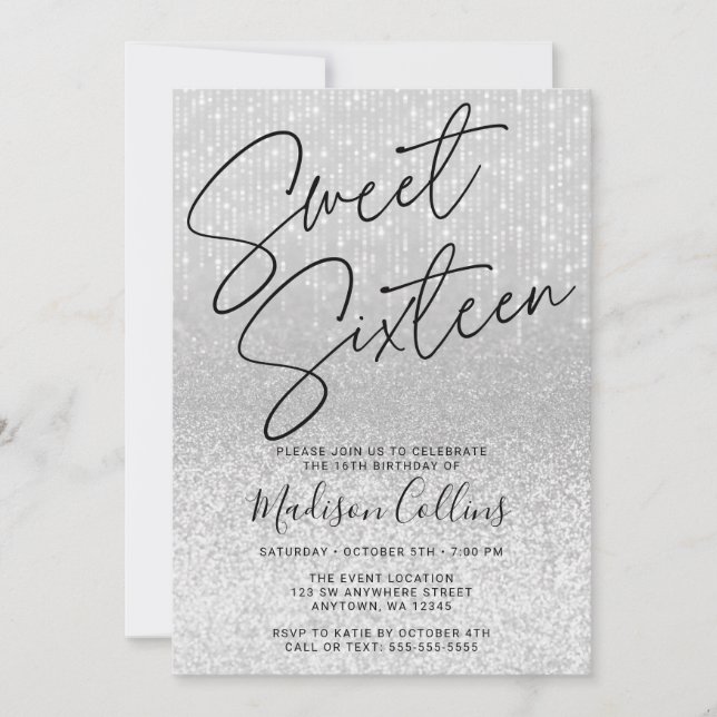 Chic Silver Glitter Sweet 16 Invitation (Front)