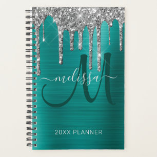 Chic Silver Glitter Teal Brushed Metal 2023 Planner