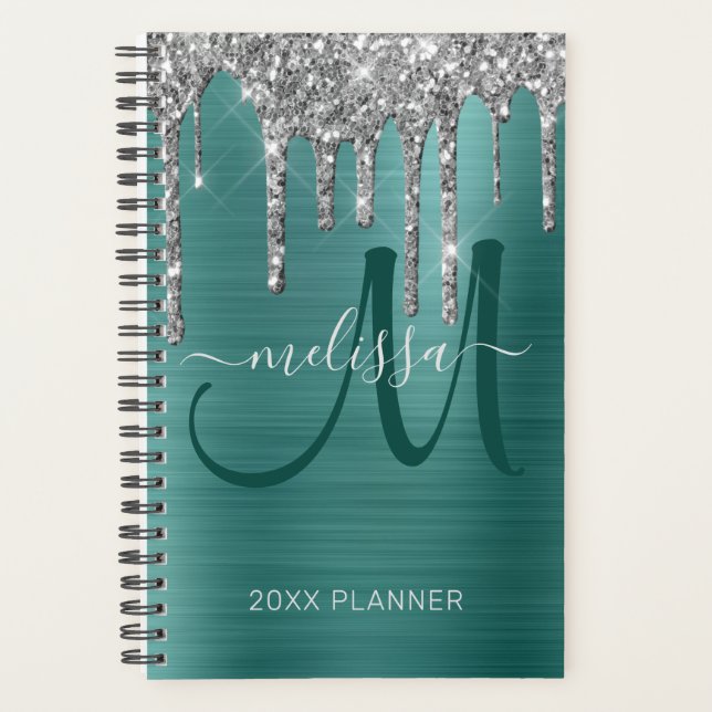 Chic Silver Glitter Teal Brushed Metal 2023 Planner (Front)