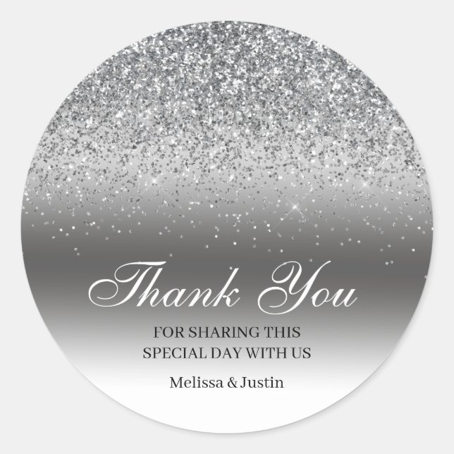 Chic Silver Glitter Thank You Wedding Classic Round Sticker (Front)