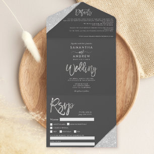 Chic silver glitter typography grey wedding all in one invitation