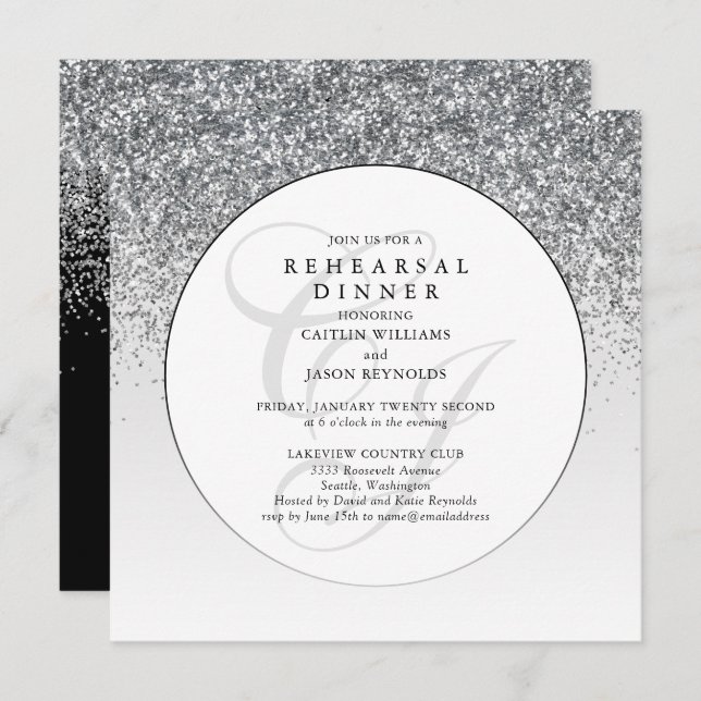 Chic Silver Glitter Wedding Rehearsal Dinner  (Front/Back)