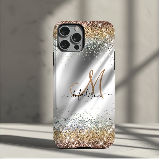 Chic silver Gold faux glitter monogram Case-Mate iPhone Case (Creator Uploaded)