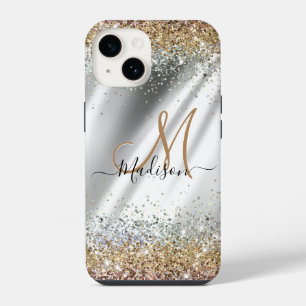 Chic silver Gold faux glitter monogram iPhone 14 Case
