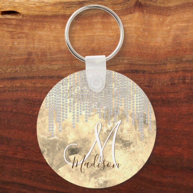 Chic silver gold rhinestone monogram key ring (Front)