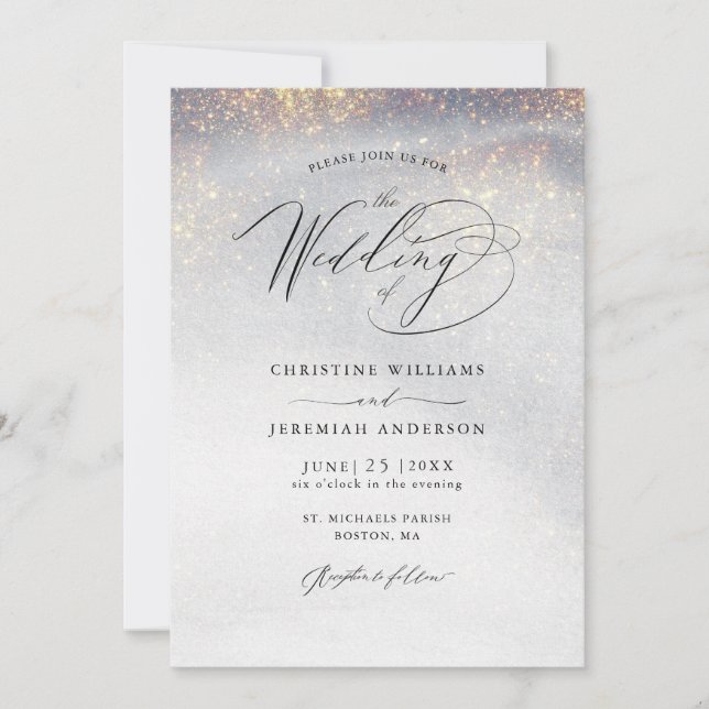 Chic Silver Gold Sparkles Watercolor Wedding Invitation (Front)