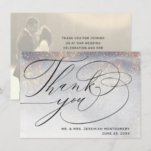 Chic Silver Gold Sparkles Watercolor Wedding Photo Thank You Card