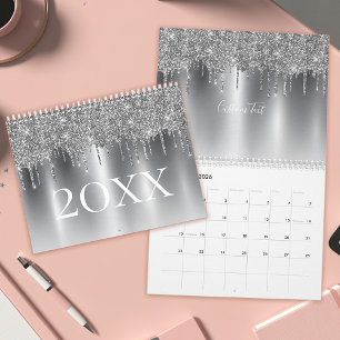 Chic Silver Gray Glitter Ombre Monogram Calendar