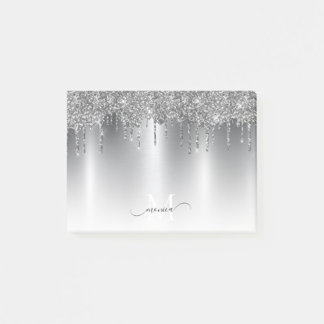 Chic Silver Grey Dripping Glitter Monogram Name Post-it Notes (Front)
